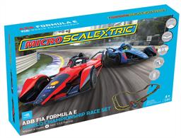 The race is on in this Micro Scalextric Formula E World Championship Race Set. This set contains everything you need to race Scalextric, including 2 x Formula E cars, a battery-operated powerbase (batteries not included), over 3.5 metres of track including a lap counter booby trap and a speed ramp which can create 9 unique layouts, and 2 easy speed limiting hand controllers.