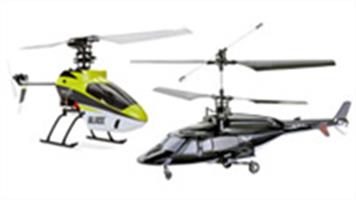 Electric model helicopters with radio control, batteries and chargers suitable for use indoors.  