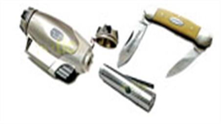 Bushcraft survival tools. Torches, multi-tools and pocket knives.