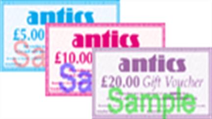 Antics gift vouchers available in £5, £10, £20 and £50 values. Vouchers purchased online can be redeemed against web or in store purchases