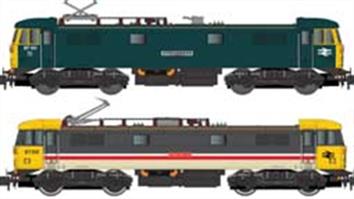 Dapol N gauge models of the BR class 87 electric locomotives in BR InterCity Virgin DRS Caledonian Sleeper liveries