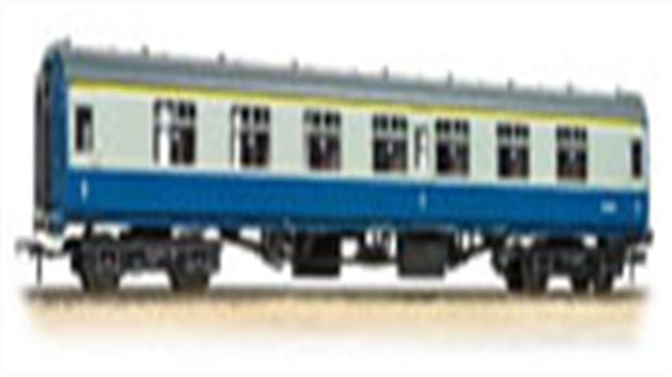 OO gauge models of passenger coaches finished in the BR corporate era blue and grey livery.