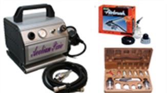 Airbrushes and airbrush accessories including compressors and compressed air cans.