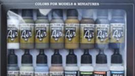Paint sets from the Vallejo paint range covering the principal camouflage and uniform colours needed to finish kit built models.