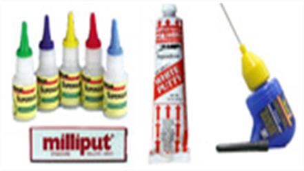 A range of adhesives including polystyrene cements and cyanoacrylate superglue, plus model filler materials