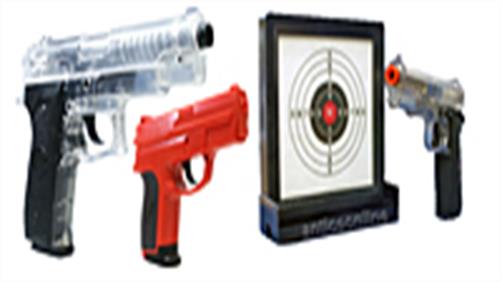 Full-size spring powered fun models of popular hand guns, translucent or brightly coloured to conform with UK regulations.