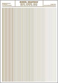 Gold stripe dry transfer sheet.<br />Stripe widths 0.01, 1/64, 0.022, 1/32, 5/64in. Approximately 0.25, 0.39, 0.55, 0.79 and 1.2mm.<br />One sheet: 5 5/8 x 8 1/4in (14.2 cm x 20.9 cm)