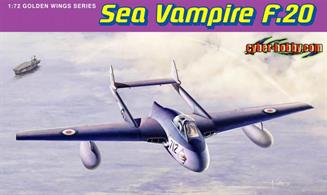 Cyber-Hobby impresses yet again with its latest 1/72 scale release – a de Havilland Sea Vampire F.20. This type was based on the Vampire FB.5 flown by the RAF. This 1/72 scale kit is based on Cyber-Hobby’s recent Vampire FB.5 that has proved so popular and which employed brand new toolings. Of course, this Sea Vampire has received redesigned components such as a new tail, lower fuselage, redesigned flaps and the arrester hook required to stop the plane when making deck landings on aircraft carriers. The kit’s extremely well engineered and numerous parts are produced with the aid of slide molds, while CAD design was utilized from start to finish. Panel lines are sharply and accurately delineated using laser crafting, while the streamlined fuselage and twin-boom tail are realistically recreated. Modelers can now add a new Vampire to their families!