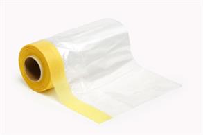 Masking Tape w/Plastic Sheeting 150mm Roll, Polyethylene sheeting is resistant to paint, minimizing the risk of any seeping through. The width of tape and sheeting combined is 150mm. Length: 10 meters. Sheeting is a double layer, and can be cut apart if a wider piece is required.