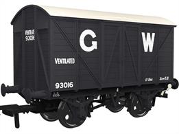 In 1912 the GWR standardised the twin-bonnet pattern end for their ventilated box vans which continued until after nationalisation. The first vans with the revised end were given diagrams V14 for vans with vacuum train brakes for express goods trains and V16 for the unfitted version. 5,506 'fitted vans were built along with 2,759 unfitted before the underframe was changed to a 10-feet wheelbase in the mid-1920s. The majority of these vans remained in service at nationalisation, though their older 9-feet wheelbase chassis demoted them from express goods service.This model replicates unfitted diagram V16 van 93016 in GWR goods grey livery with the pre-grouping period 25in height lettering.