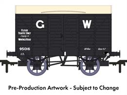 In 1912 the GWR standardised the twin-bonnet pattern end for their ventilated box vans which continued until after nationalisation. The first vans with the revised end were given diagrams V14 for vans with vacuum train brakes for express goods trains and V16 for the unfitted version. 5,506 'fitted vans were built along with 2,759 unfitted before the underframe was changed to a 10-feet wheelbase in the mid-1920s. The majority of these vans remained in service at nationalisation, though their older 9-feet wheelbase chassis demoted them from express goods service.This model replicates unfitted diagram V14 van 95016 in GWR goods grey livery with post-grouping 16in height lettering. This van is lettered for flour traffic from Wantage, needing the van to be kept clean and returned promptly to Wantage Road for loading.