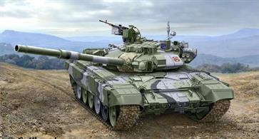 The T-90 is the most advanced battle tank in the Russian Army. The 125 mm smooth-bore gun fires classic types of ammunition as well as guided missiles. The second generation T-90A has been in production since 1999. The biggest distinguishing features compared to the original T-90 are the new outside-linked tracks, the new welded turret and a new engine.This kit also offers the choice of building the T-90AK. This Command Tank has an extensive array of radio equipment.