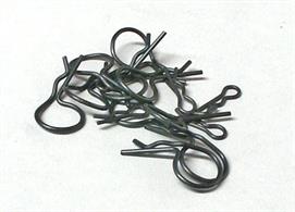 Tamiya body retaining clips are supplied in a selection of sizes, 5 small, and 10 large in blackened metal finish.