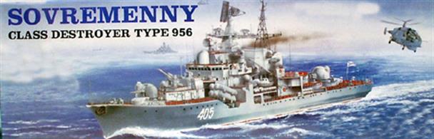Trumpeter 1/200th Scale The Sovremenny class destroyer, type 956, is a Soviet designed comprehensive surface warship with a maximum displacement of 8,480 tons. An awesome combat system includes 8 Moskit 3M8OE missiles. This fine scale plastic kit has an assembled length of approx 780mm and a width of approx 90mm, contains about 827 plastic pieces. Also included are photo etched parts for handrails and masts. Requires polystyrene cement and paint to complete the model