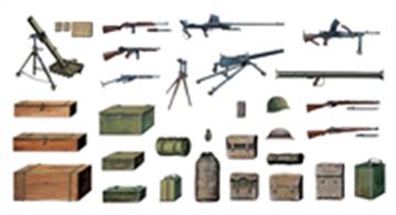 Italeri 407 1/35 Scale Accessories - Guns and other items - WW2 periodA selection of accessories for the diorama modeller including rifles, mortars, ammo boxes etc.Glue and paints are required to assemble.