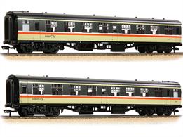 Detailed model of the British Railways mark 1 TSO second class open plan seating coach number 4930 equipped with Commonwealth bogies and finished in InterCity Executive livery, as applied to the Mk1 coaches allocated to the InterCity charter trains unit.