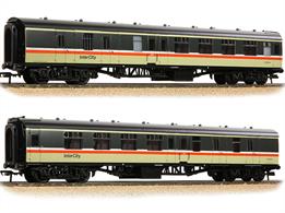 Detailed model of the British Railways mark 1 BSK second class side corridor compartment coach with brake and luggage stowage van number M35451 equipped with Commonwealth bogies and finished in InterCity Executive livery.