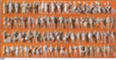 120 unpainted civilian figures in a range of poses for street and station scenes.