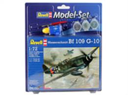 Revell 1/72 Messerschmitt BF 109 G-10 Model Set 64160Length 126mm Number of Parts 37  Wingspan 138mmComes with glue and paints to assemble and complete the model.