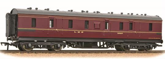 A very good model of the LMS 50-foot long gangwayed parcels brake van painted in the LMS crimson lake livery. These vehicles were seen all over the railway network, as parcels vans worked regularly to destinations away from the LMS. Era 4. 1948-1956
