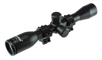 The Beeman 4 x 32 air rifle scope, has a full 4 power magnification; with bright and crisp optics, the hallmark of this model. The turret knobs adjust in 1/4” click for both windage and elevation. The parallax is adjustable from 10 yards to infinity. Includes two piece mounts