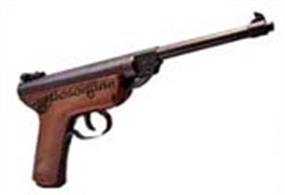 Superb break lever action general purpose air pistol with excellent specification. 7" Tapered rifled barrel, wooden stock and adjustable rear sight. Pellets aren't included see the ammo section. Muzzle velocity 2.3 foot pounds.
