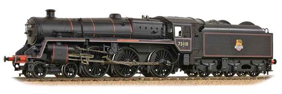 A detailed OO scale model of British Railways standard class 5MT 4-6-0 73118 King Leodegrance painted in mixed traffic lined black livery with early emblem.