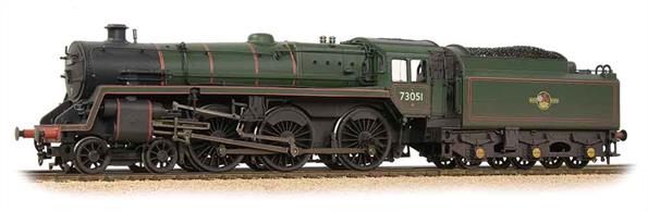 A detailed model of the British Railways standard class 5MT 4-6-0 locomotives finished as 73051 in the later lined green livery with lion holding wheel crest. Weathered finish.