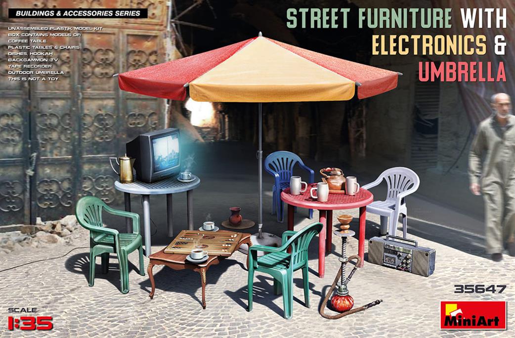 MiniArt 1/35 35647 Street Furniture With Electronics And Umbrella Plastic Kit