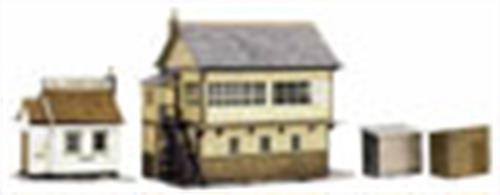 Superquick OO Signal Box Printed Card Kit A6Part wooden framed design typical of a mainline type of Signal Box built by the British Railway networks in the 1900's. The signal box kit is supplied with extra buildings to construct two storage huts and a yard or coal merchants office building.