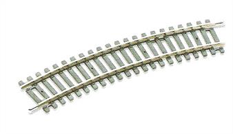 Standard curve section number 1 radius, 371mm (14 5/8in). 22.5 degree curve, 16 required to form a complete circle.Equivalent to Hornby R604 standard No.1 radius track.No.1 radius at 14 5/8in is the sharpest radius available in the OO track range and the sharpest radius which smaller OO model trains can be expected to travel round without derailing. Many large models, including large steam and diesle locomotives, modern passenger coaches and long wagons will not successfully negotiate a curve this sharp. We recommend using small locomotives and traditional short 4-wheel wagons on no.1 radius circuits.Peco track uses durable and corrosion resistant nickel-silver rail for long lasting performance. Peco Setrack track sections are fully compatable with Hornby and Bachmann track and are supplied with fishplates already fitted at both ends, ready for attachment to other track sections.
