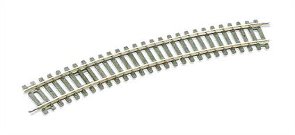 Standard curve section number 3 radius 505mm 19 7/8in. 22.5 degree curve, 16 required to form a complete circle.Equivalent to Hornby R608 and Bachmann 36-608 3rd radius curved track.The larger number 3 radius is designed to construct a circuit around the outside of a circuit at No.2 radius, with the track spacing set so that two left-hand or right-hand points will form a cross-over between the two circuits. Larger radius curves allow trains to run safely at higher speeds without derailment.Peco track is manufactured in Great Britain using quality nickel-silver rail which offers good electrical conductivity and corrosion resistance. Setrack track is supplied with fishplates already fitted and is compatible with the track supplied with Hornby and Bachmann train sets.