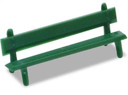 A pack of twelve station benches in green, which can be placed to add interest to a station platform, or any open park space on a layout.