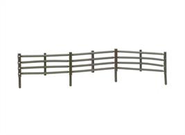 The unique design of the Flexible Field Fencing System allows the fencing to follow the landscape contours in a prototypical manner with post remaining vertical. Moulded in wether coloured plastic with square posts and correct section triangular rails. Supplied in packs of 5 sprues to make a total length of 1066mm