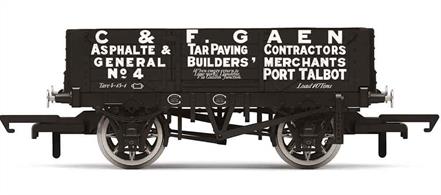 Model of a 4 plank open roadstone wagon operated by C&amp;F Gean of Port Talbot. This wagon is lettered with a desription of their buisness as asphalt &amp; tar paving contractors and their depot also supplying other contractors as a general builders merchants.Length 71mm
