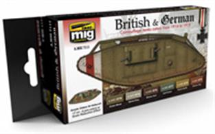 MIG Productions 7111 WW1 British &amp; German ColoursSet of accurate colours for painting WW1 German and UK Vehicles6 Jars - 17mlWith this set modellers can paint vehicles without complex mixtures or hours of research.All products are acrylic and are formulated for maximum performance both with brush or airbrush and the Scale Effect Reduction allowing users to apply the correct colour to their model. Water soluble, oderless and non-toxic. Shake well before use. We recommend MIG-2000 Acrylic Thinner for correct thinning. Dries completely in 24 hours.