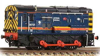 Detailed N gauge model of BR class 08 diesel shunting locomotive 08721 Starlet finished in BR rail blue livery embellished with Red Star express parcels logos, lettering and yellow-edged red stripe.