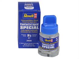 Revell Contacta Liquid Special Glue 30g 39606'Revell Contacta Liquid Special is a bonding agent for chrome that is also suitable for many other materials. It prevents the welding effect. Is is even suitable for using on clear parts, such as windows and cockpits, because it does not attack transparent material. 'Revell Contacta Liquid Special' also bonds metal, wood, paper, card-board, glass and textiles with plastic as well as with each other.Try it for those tricky applications!
