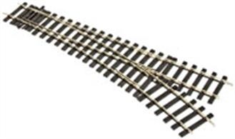 Peco Setrack O gauge points match with the current track sections, with a total length of 400mm (15 3/4in), curve radius of 1028mm (40in) and curve angle of 22.5 degrees, equating to the straight and curved Setrack sections.Templates for Peco points are available from the Peco website.