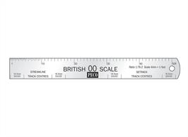 This stainless steel scale rule is a valuable tool for modelling in British 00 Gauge. It shows scale measurements from 3ins to 50ft, marked at 1:76.2 scale. It also includes markings for track gauge and spacing.
