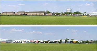 10 feet length 15in high&nbsp;photographic reproduction backscene in two sheets showing a view across open grassed land towards a modern out-of-town retail park.Supplied in&nbsp;two 5-foot sections.