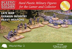 45 hard plastic 1/72nd miniatures and 9 models depicting WW2 Late War German infantry heavy weapons as follows:3 tripod MG42 teams firing3 x 82mm mortar teams&gt;3 x 120mm mortar teams3 firing panzershrecks3 moving panzershrecks3 moving panzerfausts3 firing panzerfausts