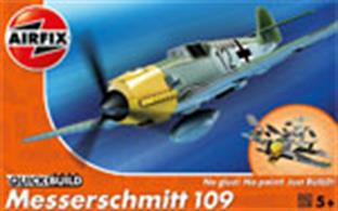 Airfix Quickbuild Messerschmitt BF109E Clip together Block Model J6001Messerschmitt Bf109e was a fighter aircraft that could excel in speed just as fast as the Spitfire! Complete your final model with the Balkenkreuz stickers provided, the emblem of the German Armed Forces in World War II. This model has a total of 36 parts with 3 additional parts for the stand. The height of the model when placed on the stand is 114 mm.