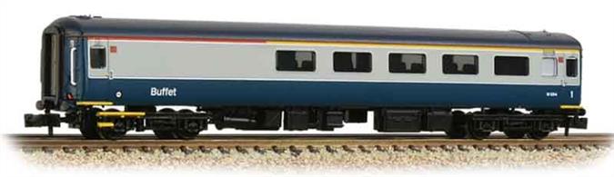 New and detailed models of the BR air conditioned express passenger stock built from the early 1970s. BR was one of the first European railways to offer air conditioned accommodation as standard on principal services.These models are of the Mk.2F coaches, the last of the Mk.2 series build (1973-1975) and almost identical to preceding Mk.2E coaches (1972-73 build), the design changes relating primarily to the air conditioning plant. These two builds formed the backbone of the InterCity locomotive-hauled coach fleet during the 1970s and 80s.This model of the first class buffet coach recreates a coach converted in the late 1980s to replace the Mk.1 buffet cars and still in service. Painted in the BR corporate blue and grey livery.Era 9 1995 onwards.