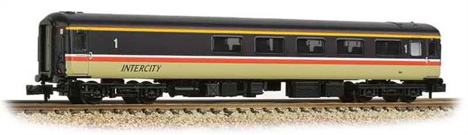 New and detailed models of the BR air conditioned express passenger stock built from the early 1970s. BR was one of the first European railways to offer air conditioned accomodation as standard on principal services.These models are of the Mk.2F coaches, the last of the Mk.2 series build (1973-1975) and almost identical to preceeding Mk.2E coaches (1972-73 build), the design changes relating primarily to the air conditioning plant. These two builds formed the backbone of the InterCity locomotive-hauled coach fleet during the 1970s and 80s.This model of the first class buffet coach recreates a coach converted in the late 1980s to replace the Mk.1 buffet cars and still in service. Painted in the InterCity red stripe livery.Era 8 1982-1995.