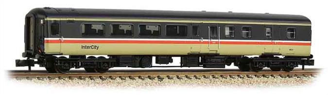 New and detailed models of the BR air conditioned express passenger stock built from the early 1970s. BR was one of the first European railways to offer air conditioned accomodation as standard on principal services.These models are of the Mk.2F coaches, the last of the Mk.2 series build (1973-1975) and almost identical to preceeding Mk.2E coaches (1972-73 build), the design changes relating primarily to the air conditioning plant. These two builds formed the backbone of the InterCity locomotive-hauled coach fleet during the 1970s and 80s.This model of the second class brake coach with open plan seating is painted in the InterCity red stripe livery.Era 8 1982-1994.