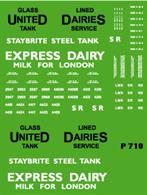 Modelmaster Decals MMP719 00 Gauge Lettering for Milk Tank Wagons United Dairies and Express DairiesComplete lettering sets for two each of 'UNITED DAIRIES' and 'EXPRESS DAIRIES' six wheeled milk tank wagons. Black &amp; White.