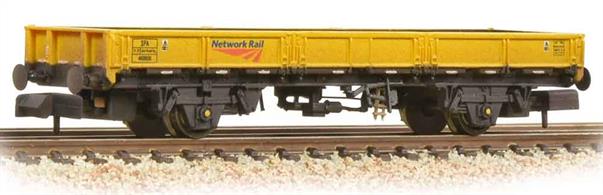 Model of the BR SPA 4-wheel steel carrier wagons. These low-sided wagons had battened floors designed to allow fork-lift trucks and lifting straps to be passed beneath the load easily. The wagons were used for many steel flows, including wagonload deliveries to steel stockholders.This wagon is painted in Network Rail yellow livery, now applied to many engineering service vehicles.Era 8. NEM plug-in couplers. Length 79mm