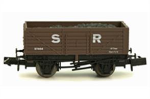 A detailed model of a 7 plank open wagon in the livery of the Southern Railway.