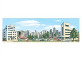 City centre scene featuring concrete shop/office buildings mixed with classical civic and chuch architecture.MediumÂ size, 559mm x 178mm (22in x 7in)